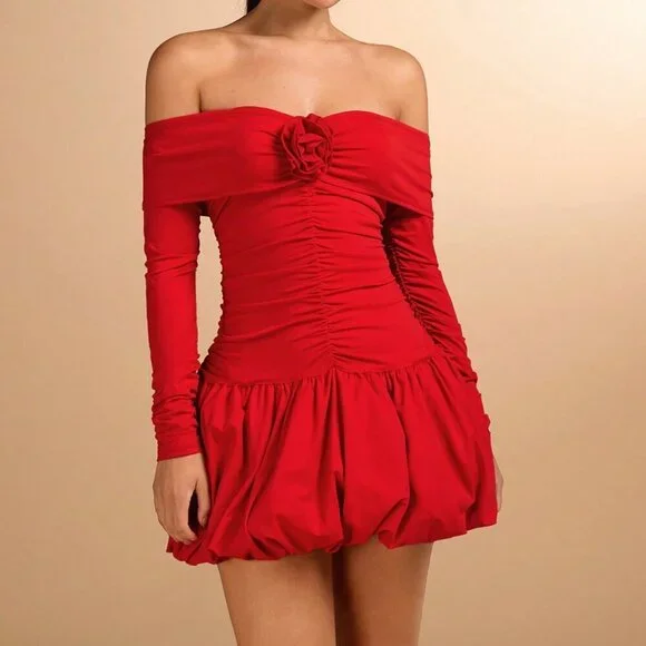 Red Casual Women's Flower Bud Bubble Off-Shoulder Long-Sleeved Dress - Picture 7 of 7